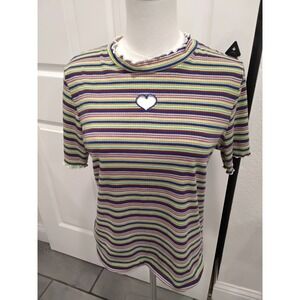 ANGVNS Women XL Striped Heart Cutout Mock Neck Lettuce Edge Ribbed Knit Top